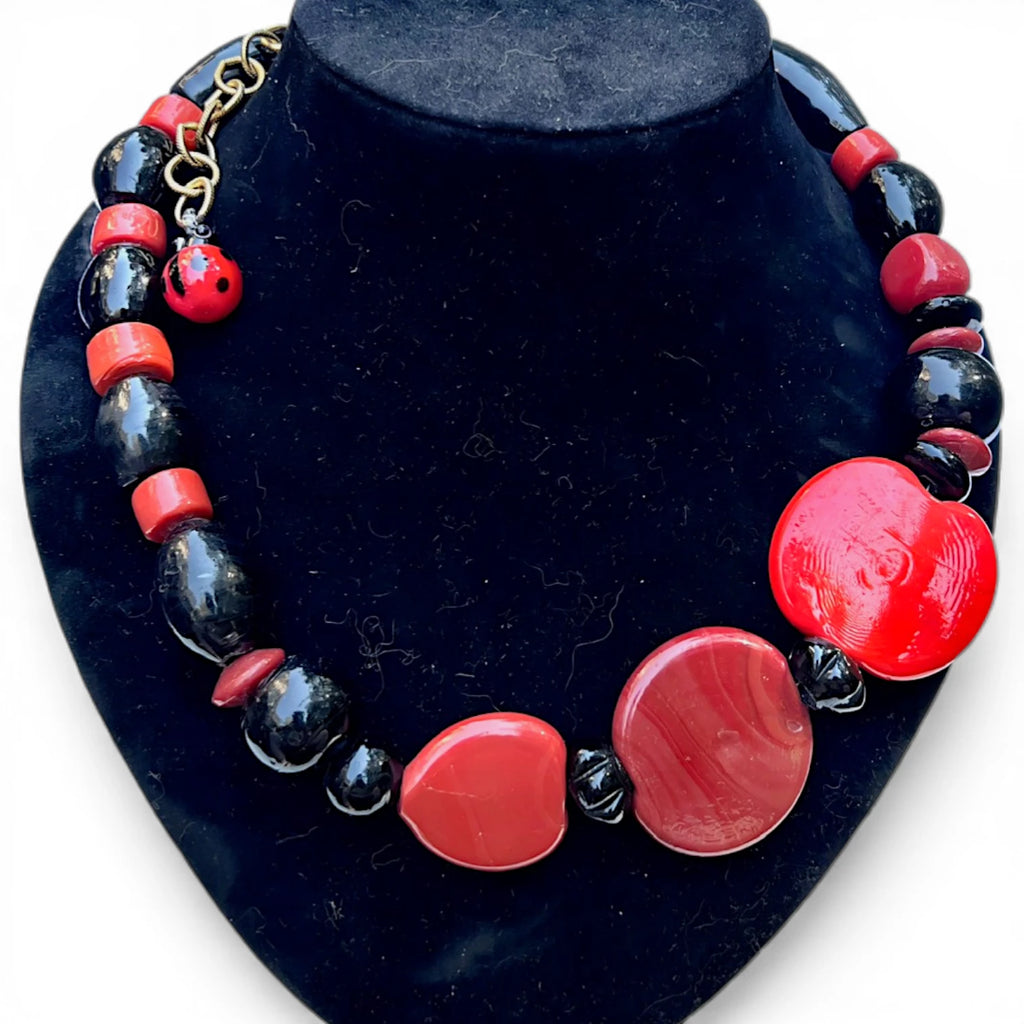Rustic Black and Red Bead Necklace with Ladybug Charm