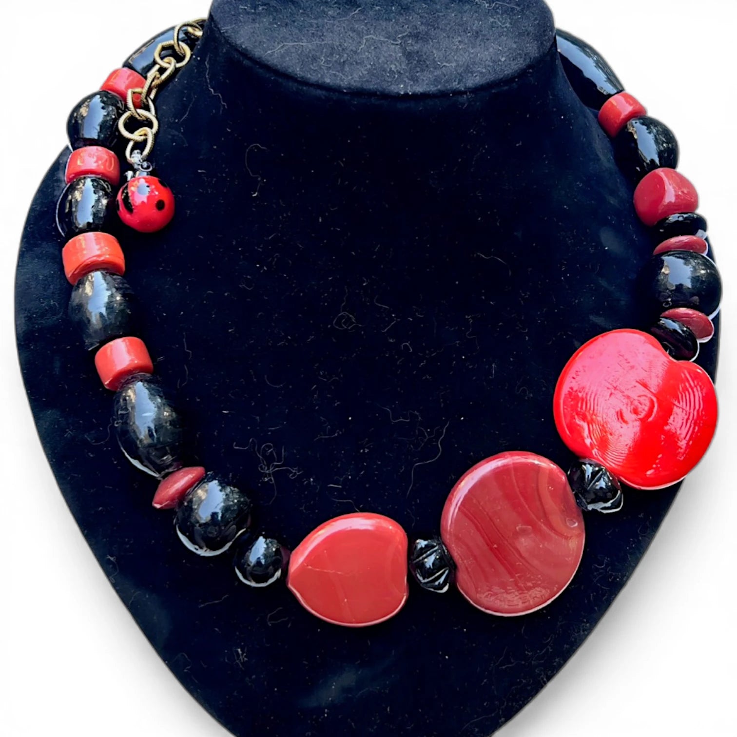 Rustic Black and Red Bead Necklace with Ladybug Charm