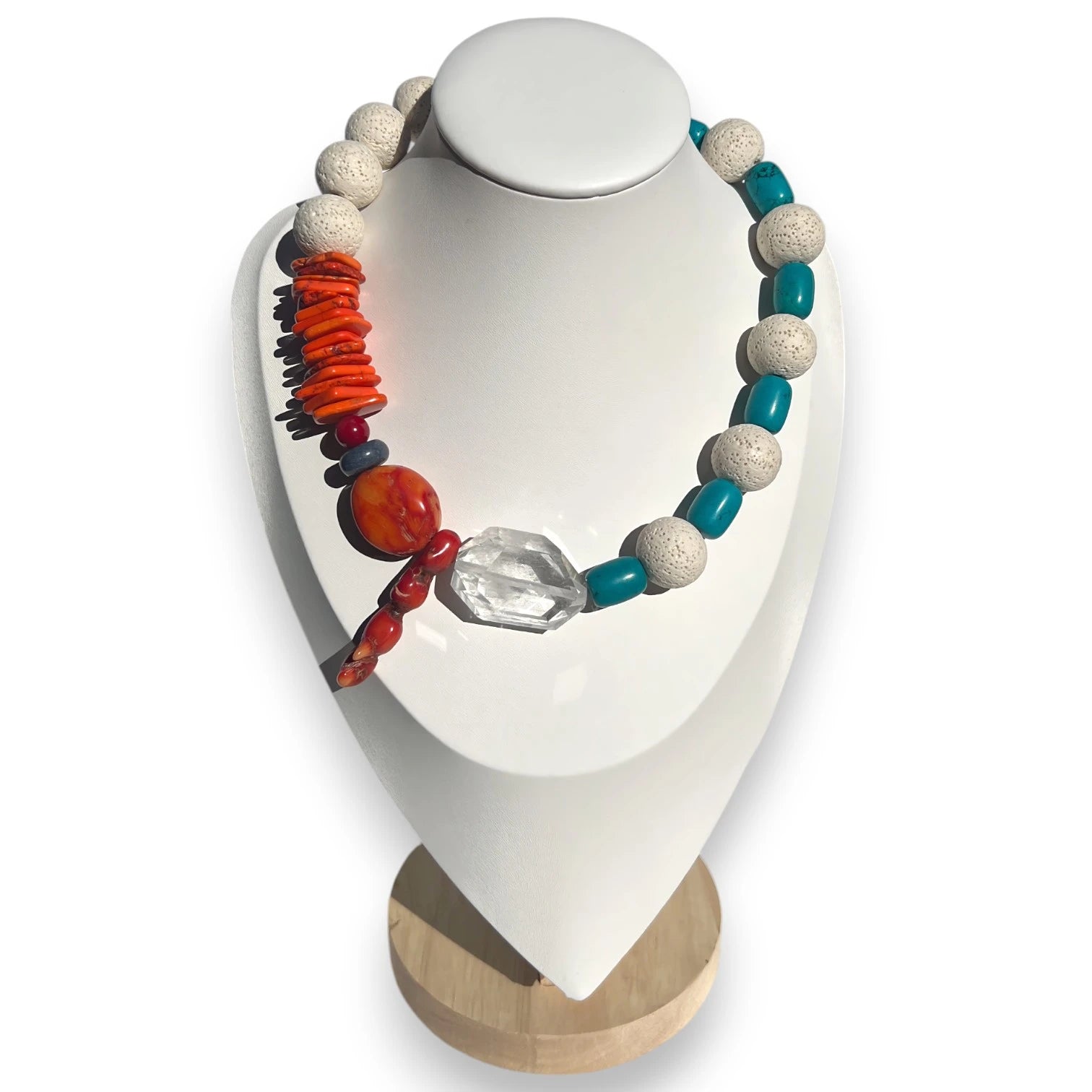 Krystallos Turquoise, Lava Rock, Clear Quartz and Coral Necklace