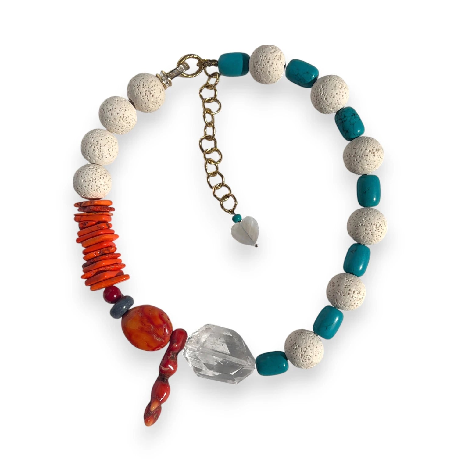 Krystallos Turquoise, Lava Rock, Clear Quartz and Coral Necklace