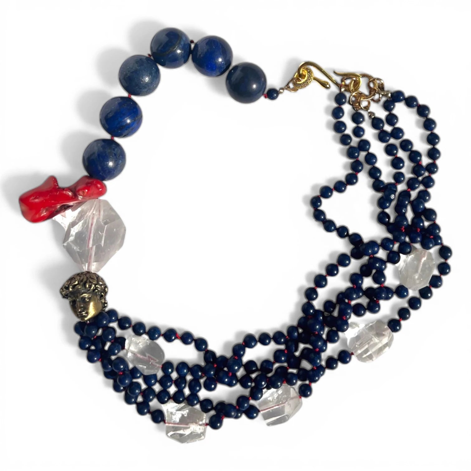 Blue Whispers, Clear Dreams Lapis Lazuli, Coral and Clear Crystal Necklace