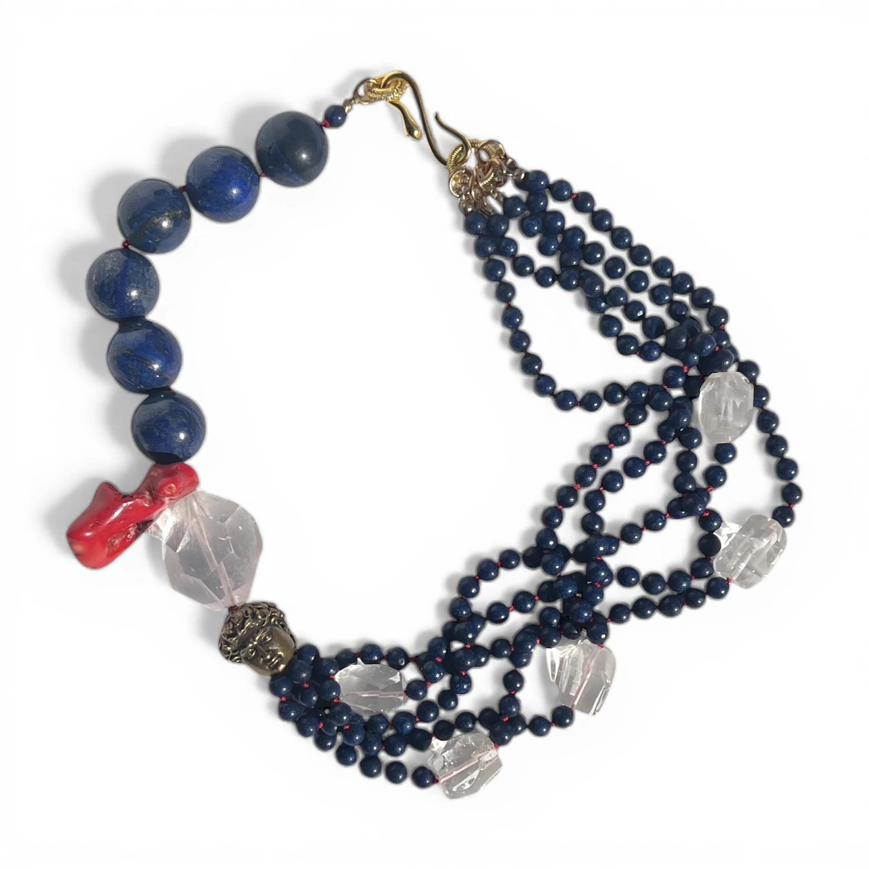 Blue Whispers, Clear Dreams Lapis Lazuli, Coral and Clear Crystal Necklace