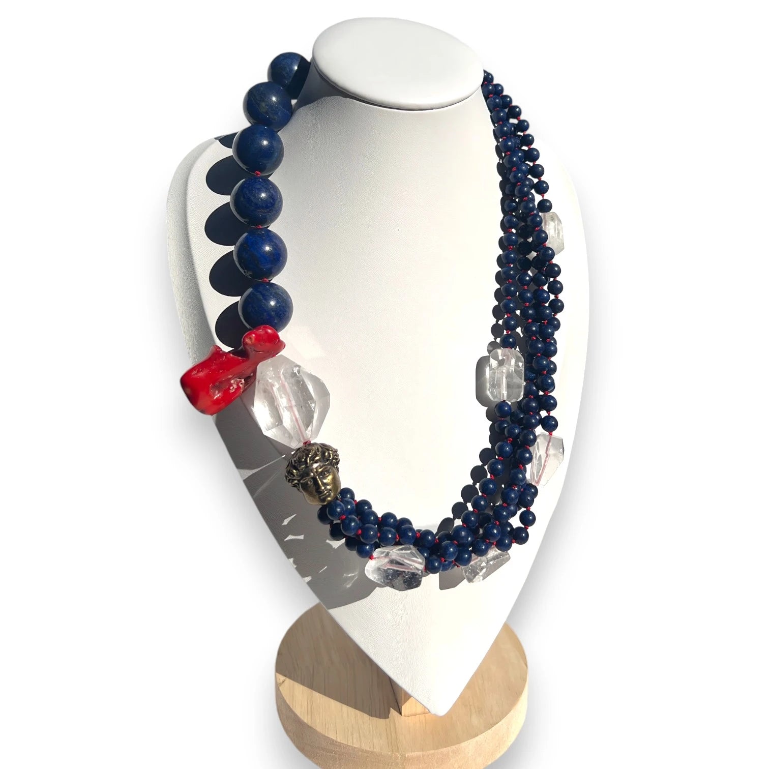 Blue Whispers, Clear Dreams Lapis Lazuli, Coral and Clear Crystal Necklace