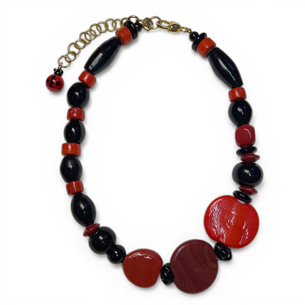 Rustic Black and Red Bead Necklace with Ladybug Charm