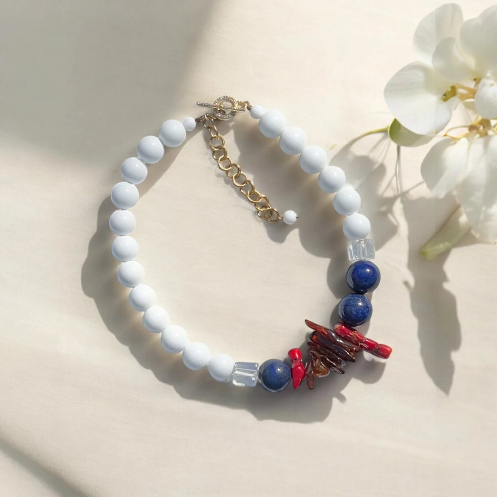 Tears of The Sun Agate, Baltic Amber and Lapis Lazuli Necklace