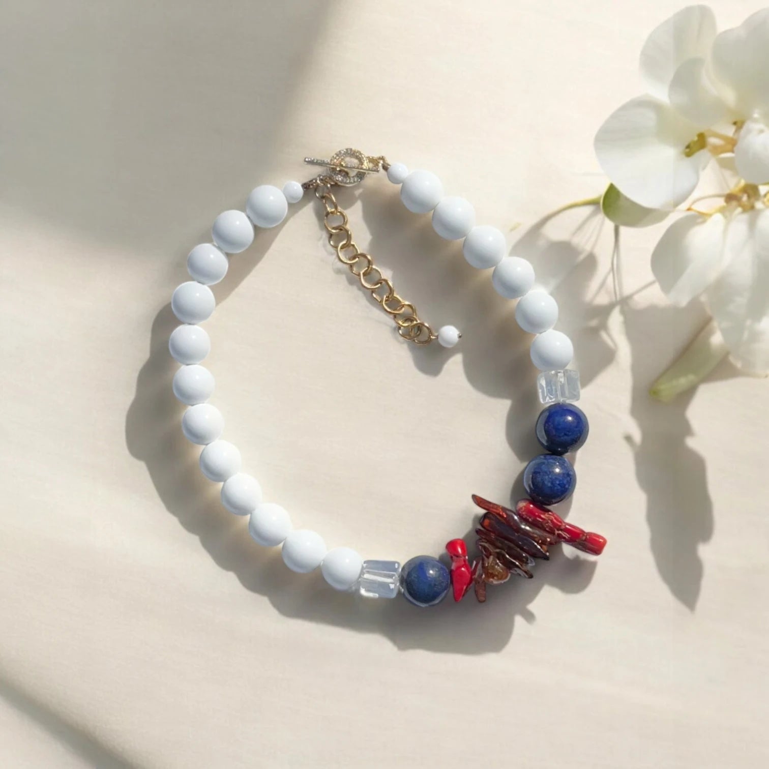 Tears of The Sun Agate, Baltic Amber and Lapis Lazuli Necklace