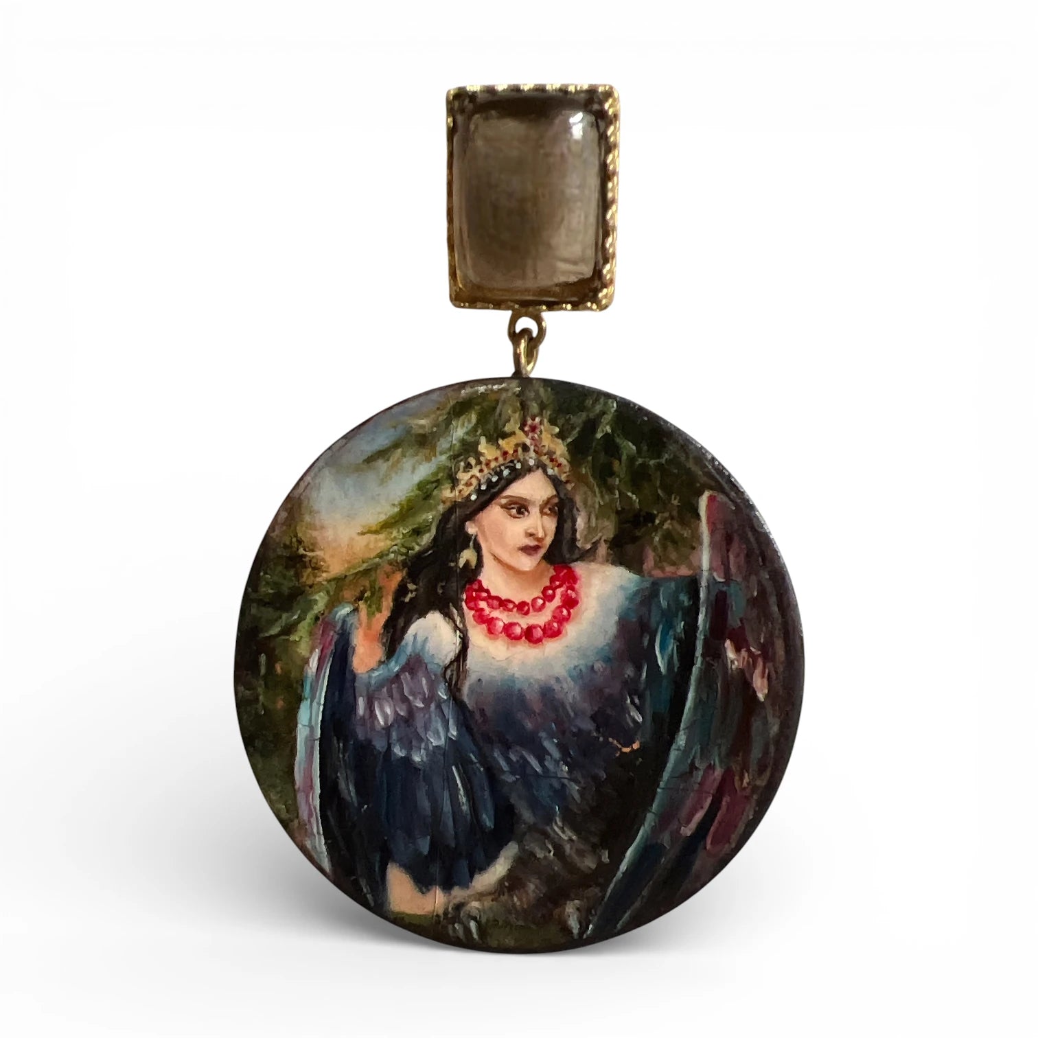 Gamayun Smoky Quartz Hand-Painted Earrings