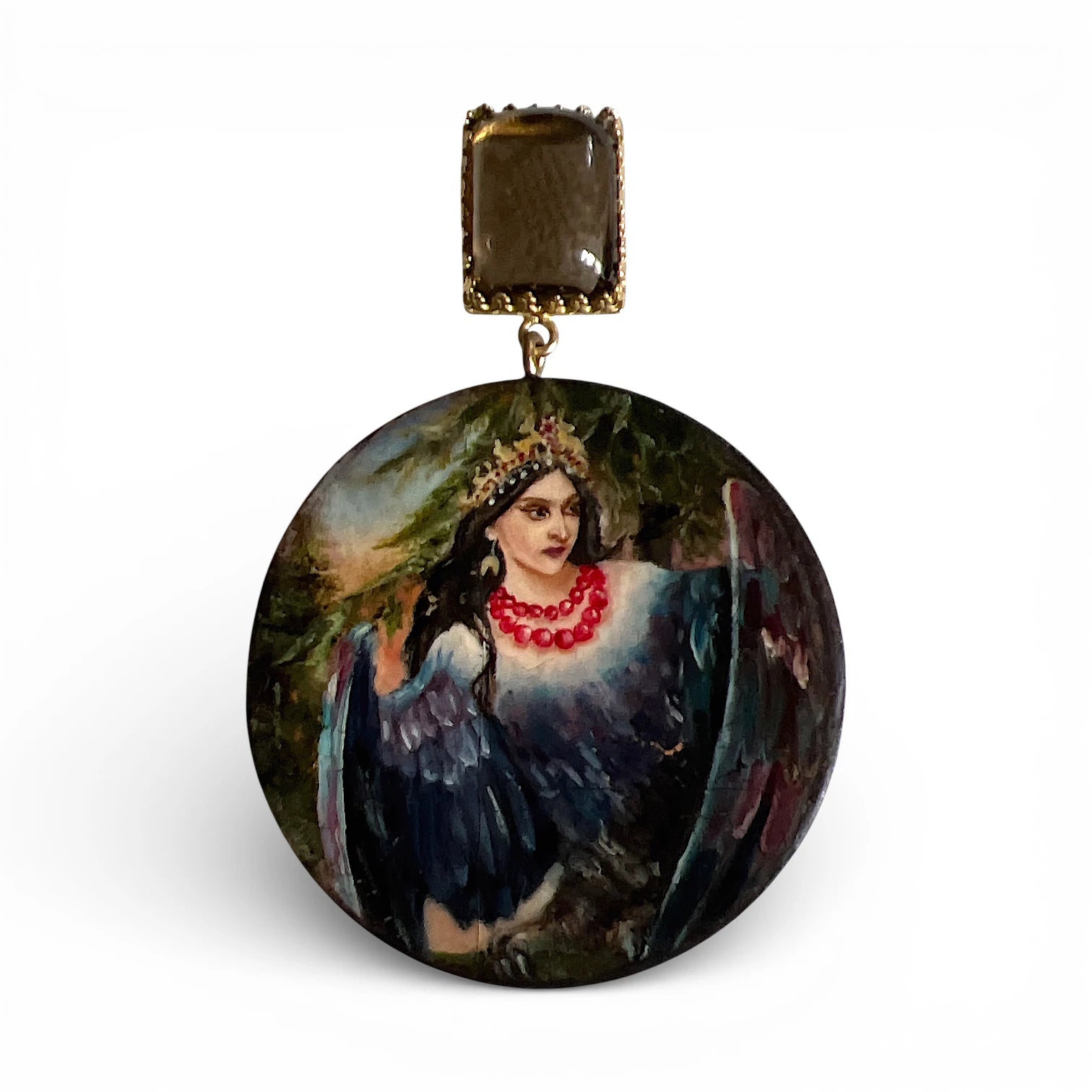 Gamayun Smoky Quartz Hand-Painted Earrings