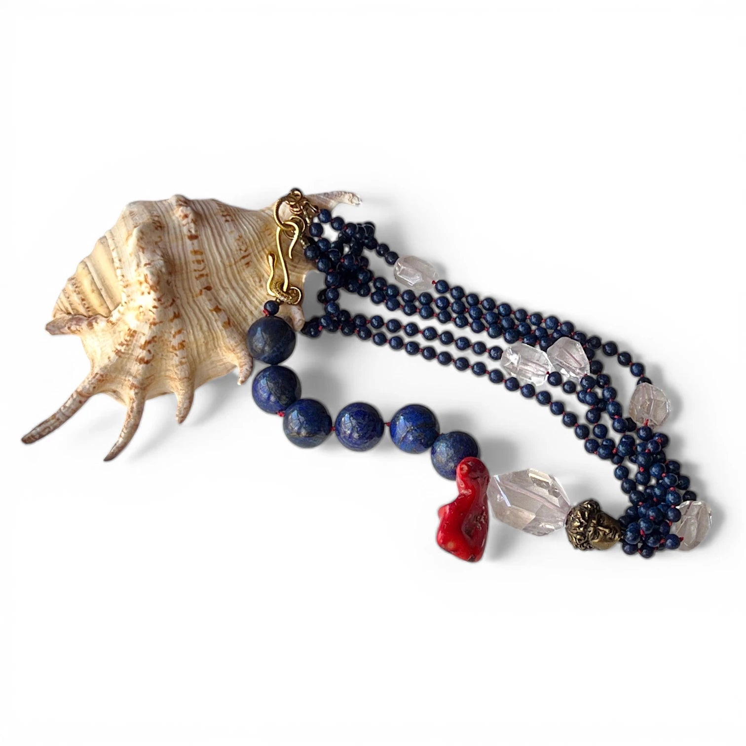 Blue Whispers, Clear Dreams Lapis Lazuli, Coral and Clear Crystal Necklace