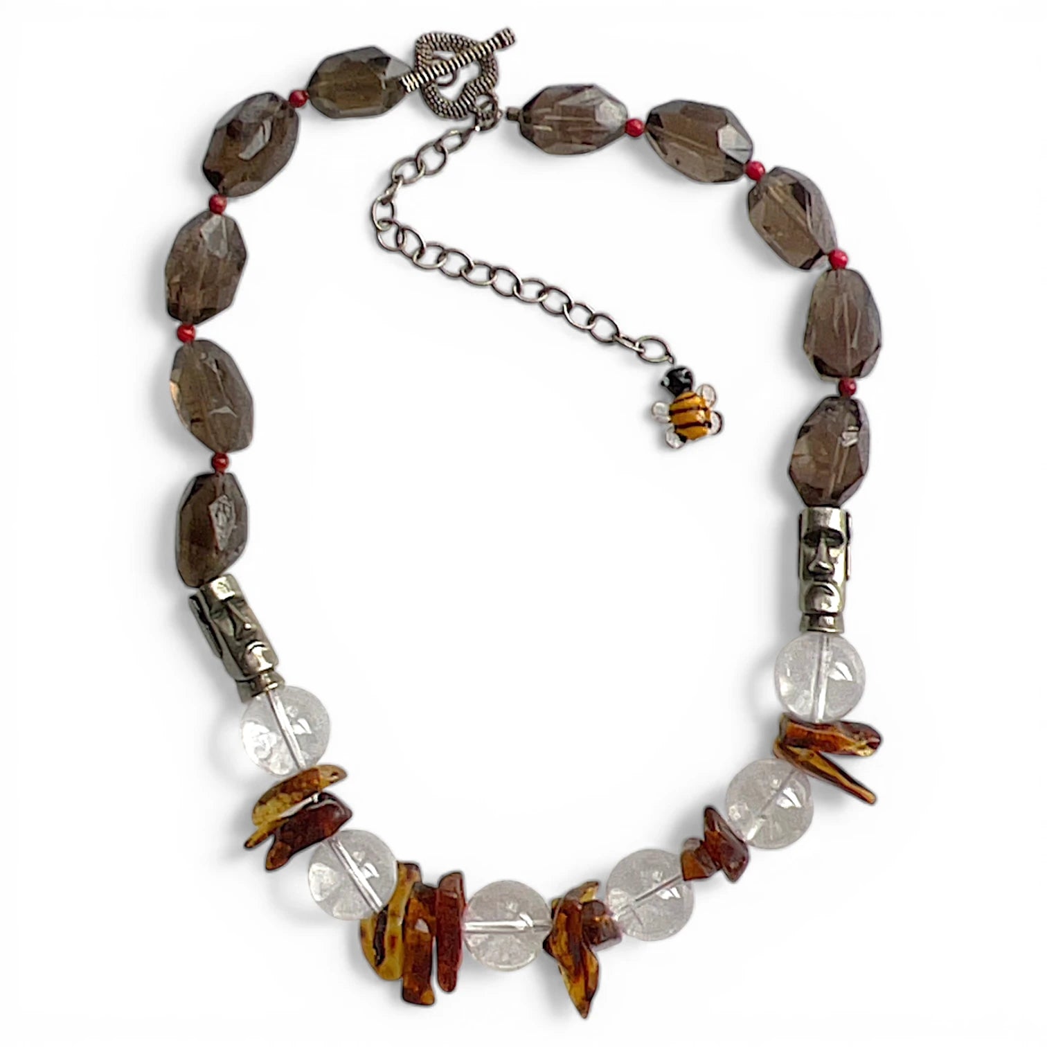 Moai Smoky and Clear Quartz, Baltic Amber Necklace