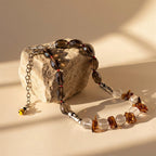 Moai Smoky and Clear Quartz, Baltic Amber Necklace