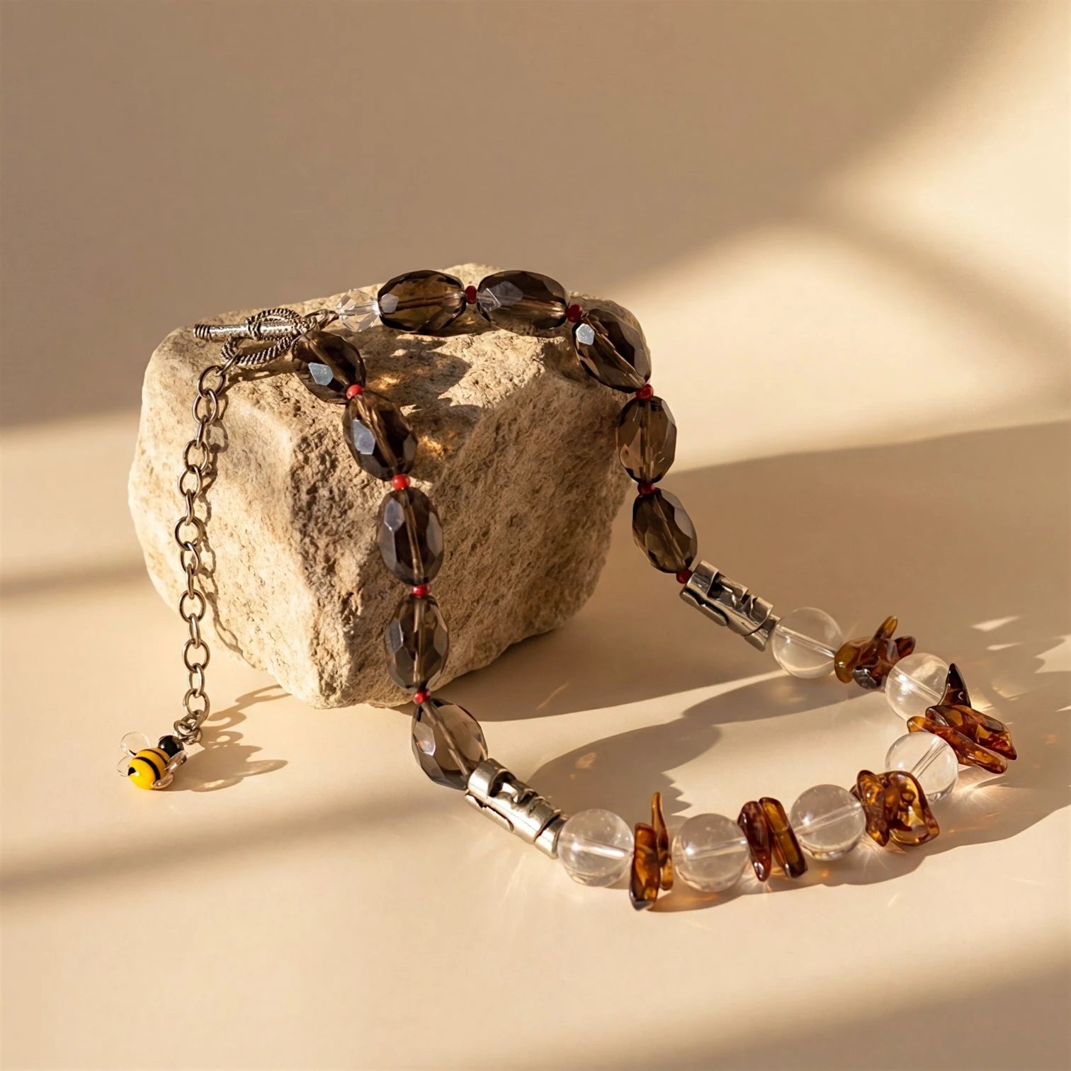 Moai Smoky and Clear Quartz, Baltic Amber Necklace