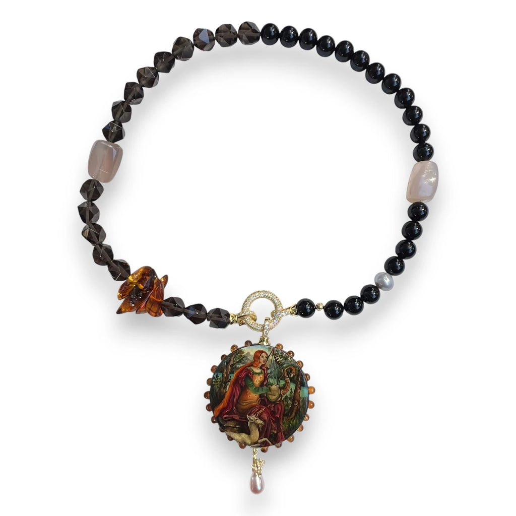 Lady with a Unicorn Hand-Painted Pendant Necklace
