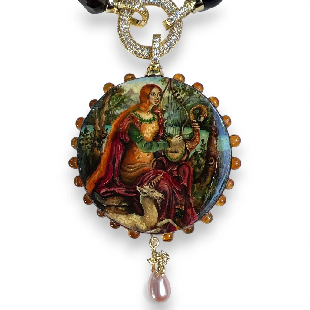 Lady with a Unicorn Hand-Painted Pendant Necklace