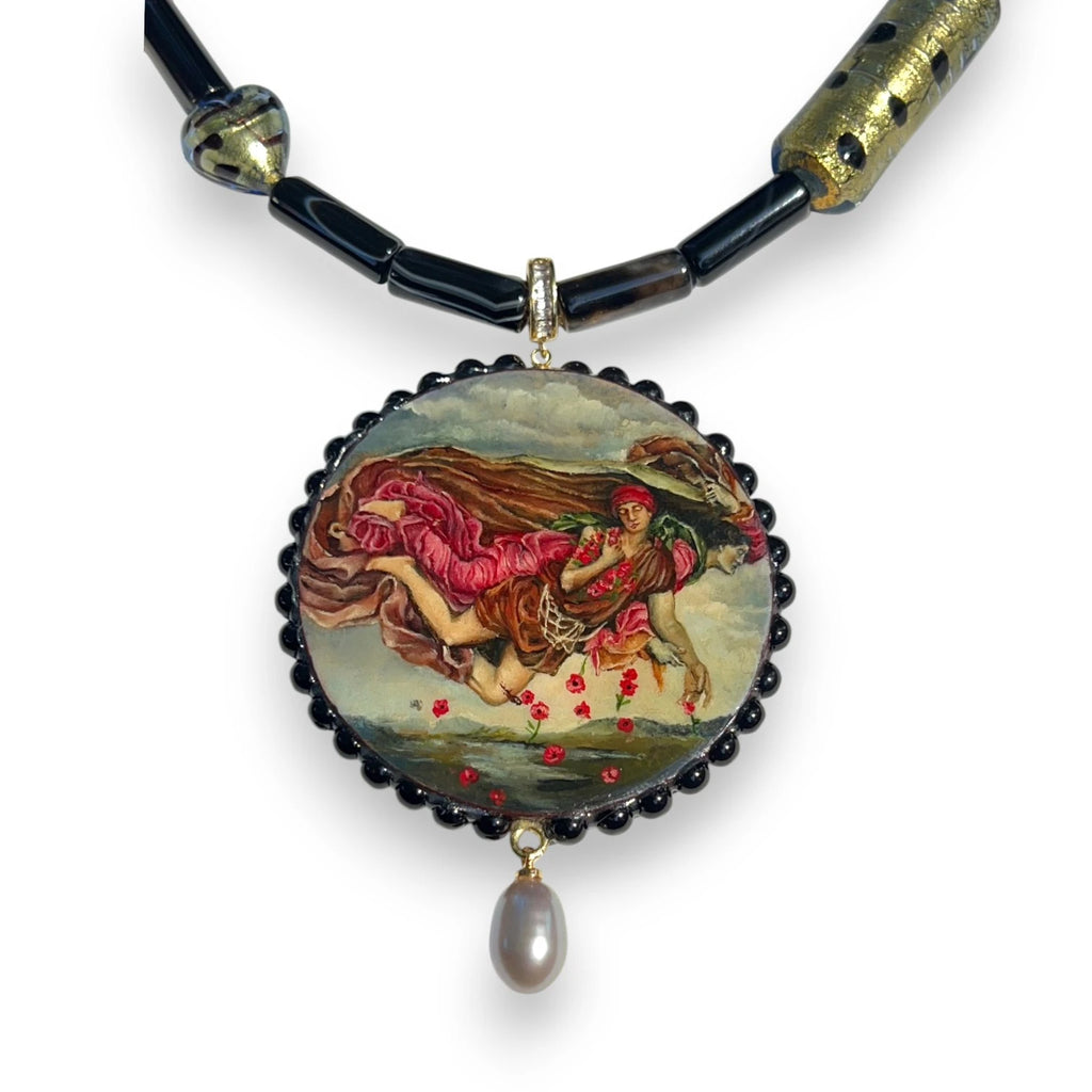 Night and Sleep Hand-Painted Wood Pendant Necklace