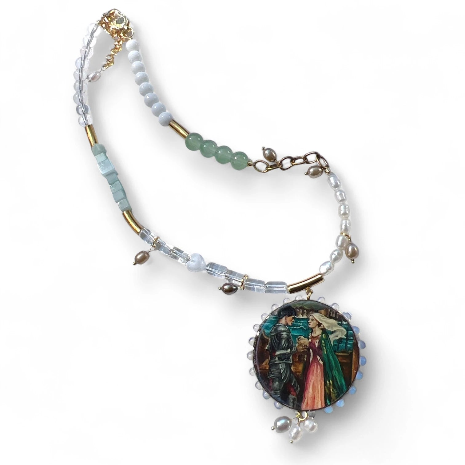 Tristan and Isolde Hand-Painted Wood Pendant Necklace