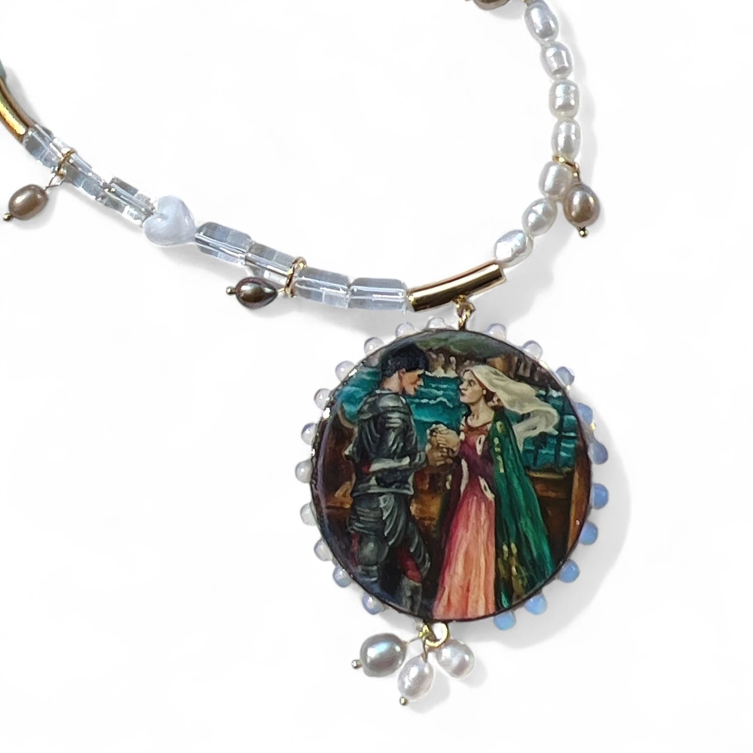 Tristan and Isolde Hand-Painted Wood Pendant Necklace